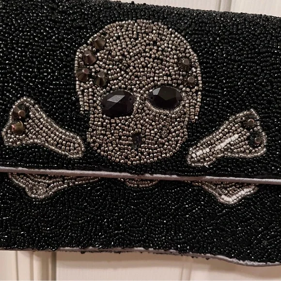 NWT Hand-Beaded Skull & Bones Purse Bag by From India To You, Black/Silver - Picture 9 of 17